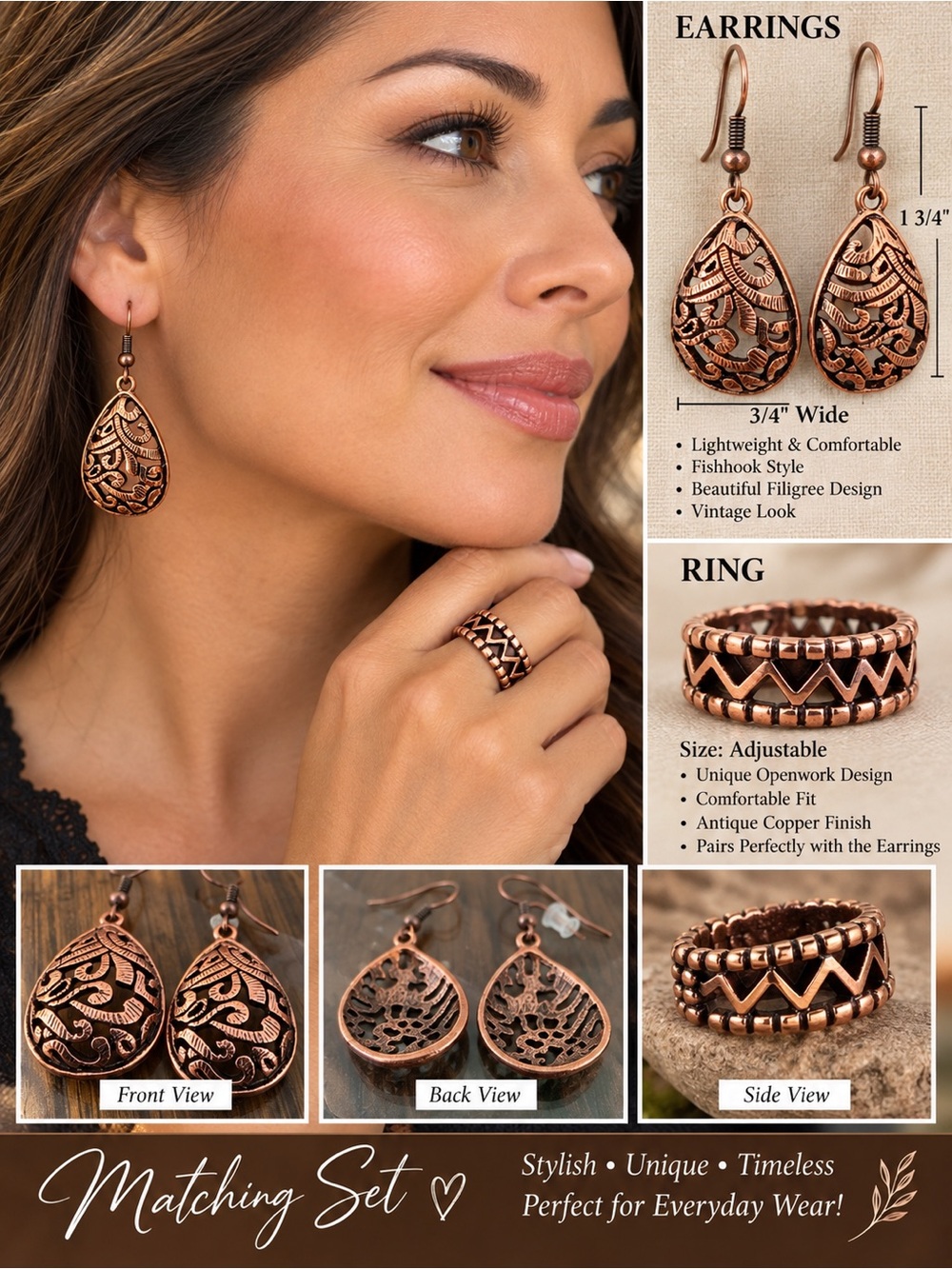 3 piece Vintage-Inspired Copper Teardrop Earrings & Ring Set - Copper